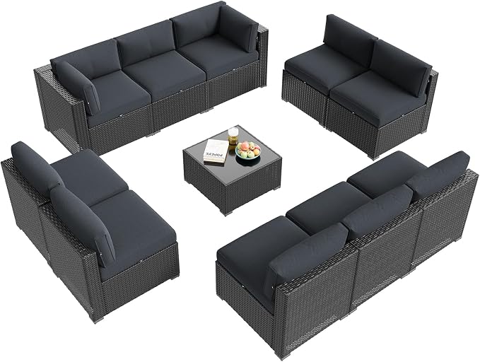 Aoxun Patio Furniture Set, 11 Piece Outdoor Sectional Sofas with Waterprool Cover, 10 Seats Wicker Rattan Outdoor Furniture Patio Conversation Set for Backyard, Garden Dark Grey