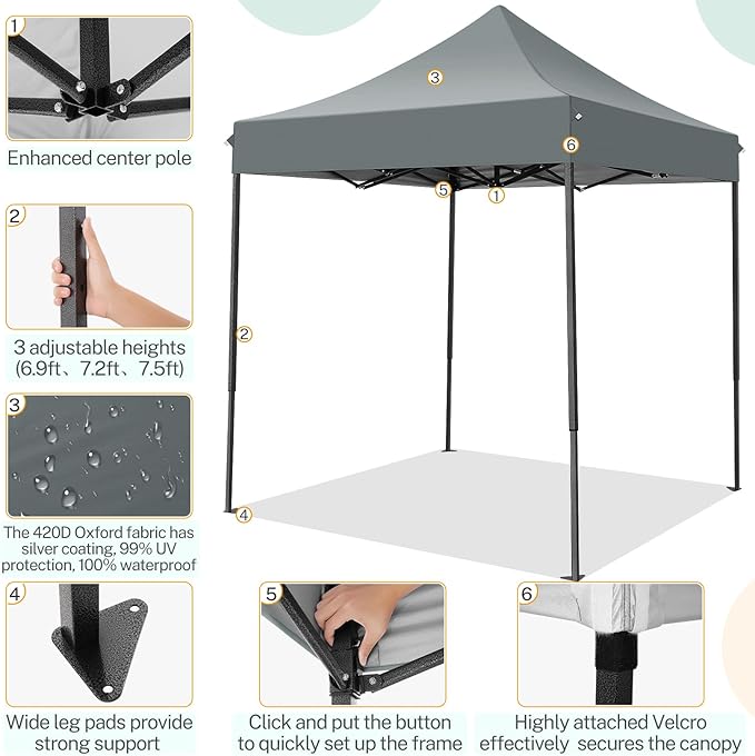 COBIZI 6.6x6.6 Heavy Duty Pop up Canopy Tent Without Sidewalls, Easy Set-up Commercial Outdoor Party Tent, 100% Waterproof Wedding Canopy Gazebo, 3 Height Adjustable with Carry Bag, Gray