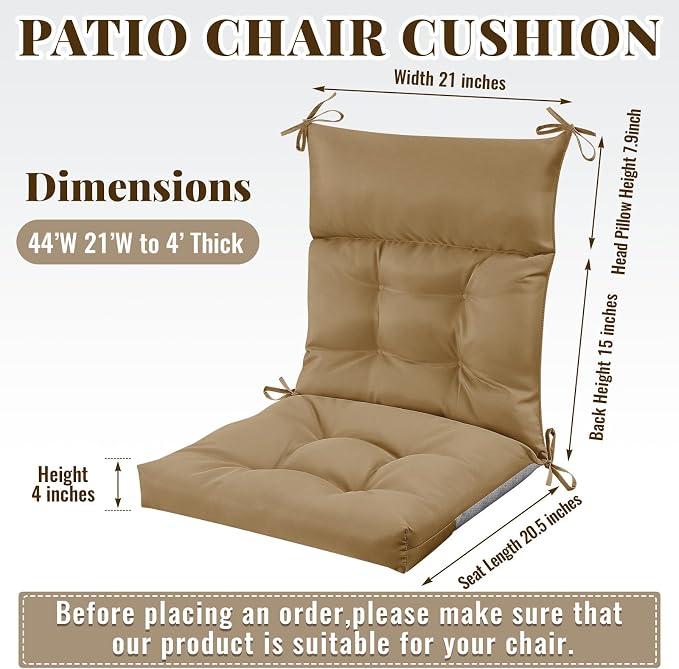 Sintuff 2 Pcs 44 x 21 x 4 Outdoor Chair Cushion Patio Chair Cushions Seat/Back Tufted Pillow with Ties Water Resistant Replacement Indoor Patio Furniture Outdoor Furniture (Solid Color,Brown)