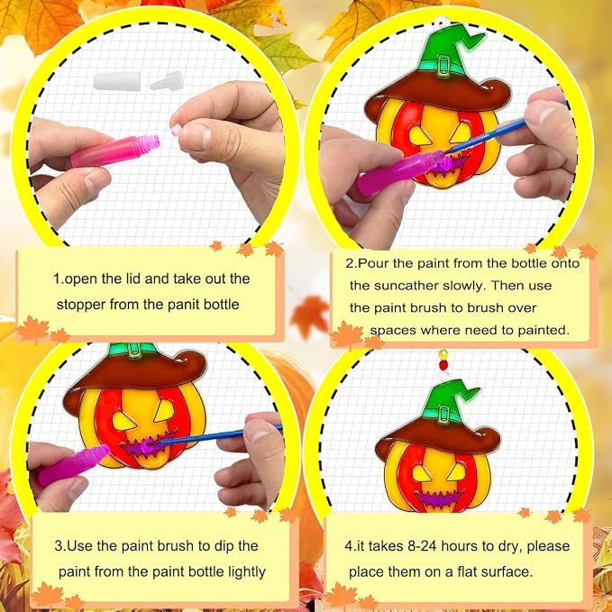 AUEKIV Fall Leaf Pumpkin Suncatcher Kit 32 Sets Pumpkin Suncatchers Window Art Paint DIY Craft Kits Autumn Maple Leaf Sun Catcher Bulk for Classroom Halloween Thanksgiving Party Art Project