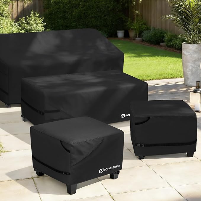 Porch Shield Patio Ottoman Cover - Waterproof Outdoor Square Side Table Covers – 22L x 22W x 18H inch, Black