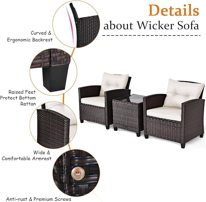 DORTALA Wicker Patio Furniture Set 3 Piece, Outdoor Table and Chairs with Tempered Glass Tabletop, Cushions, Small Rattan Conversation Sofa Set for Balcony, Porch, Backyard, Deck, White