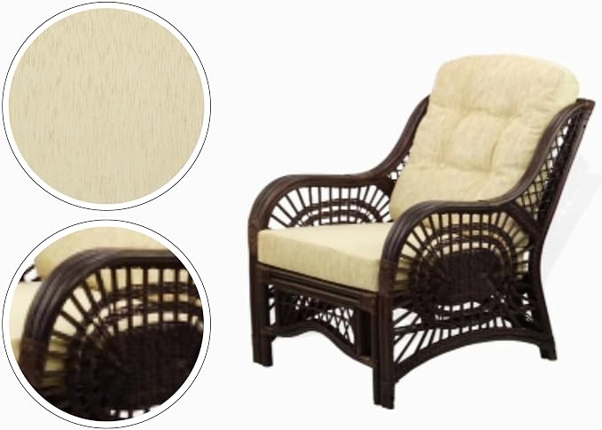Malibu Lounge Set of 4: 2 Natural Rattan Wicker Chairs, Three-Seater Sofa with Cushions and Coffee Table with Glass Handmade, Dark Brown Color