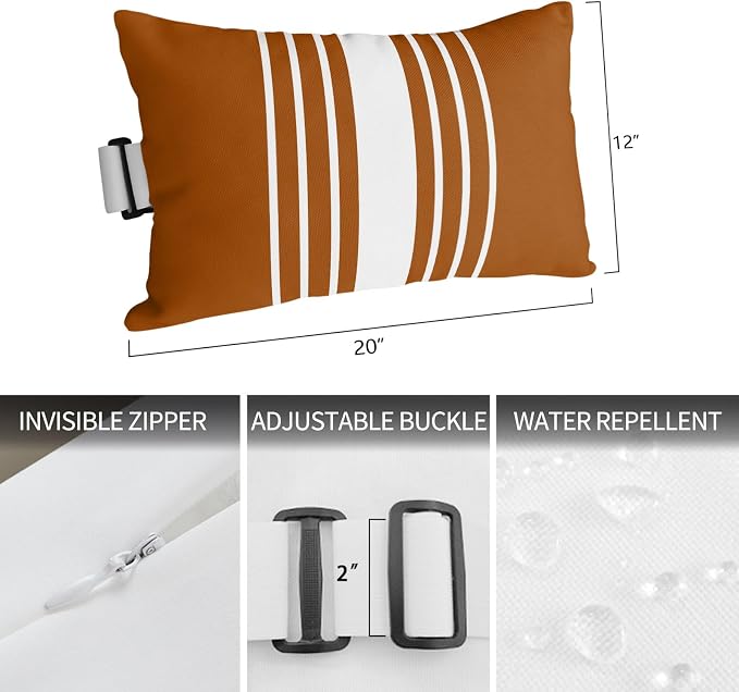 Outdoor Pillow for Chaise Lounge Chair Burnt Orange Stripe Headrest Pillow with Adjustable Elastic Strap Set of 1,12x20 inch, Modern Minimalist Style Waterproof Head Pillows for Patio Pool Beach