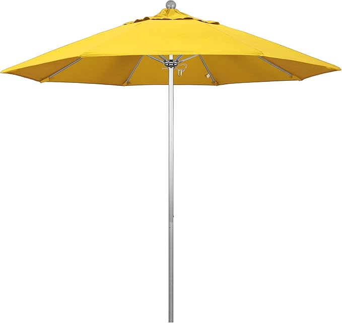California Umbrella 9' Round Aluminum/Fiberglass Umbrella, Push Open, Silver Pole, Olefin Lemon Fabric