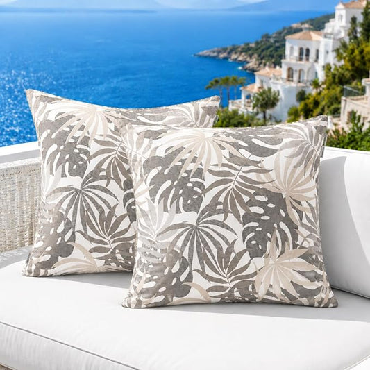 Indoor Outdoor Waterproof Throw Pillow Covers, Pack of 2 UV Fade Resistant Pillowcase Shell Cushion Sham for Garden Patio Tent Balcony Couch Sofa, 18 x 18 Inch (Sunlight Coconut Grove)