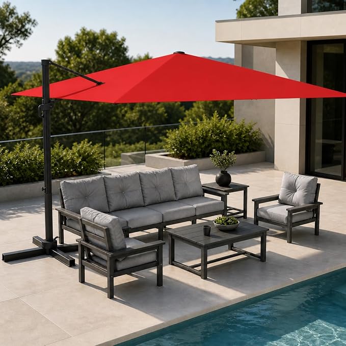 Kingdura 8' X 8' Cantilever Patio Umbrella with Base Included, Large Square Outdoor Offset Umbrella with 360-degree Rotation, 4 Position Tilt, UV Protection for Pool Deck Garden Patio (Red)