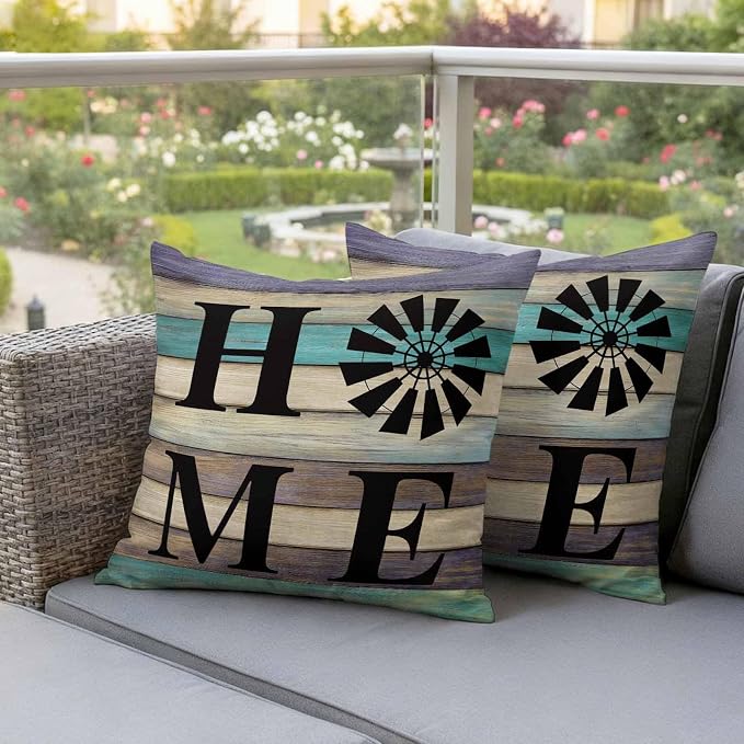 Outdoor Pillow Covers Set of 2, Farm Home Windmill Decorative Throw Pillow Covers 18X18IN, Farmhouse Vintage Wood Board Throw Pillows Protector Cushion Case for Patio,Couch,Sofa,Garden