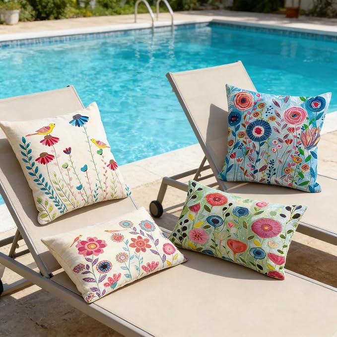Colorful Floral Outdoor Lumbar Pillow Covers 12x20 Waterproof, Set of 4 | Floral Lumbar Pillow Cases, Flower Decor, Outdoor Lumbar Pillows for Patio Furniture Porch, No Decorative Pillow Inserts