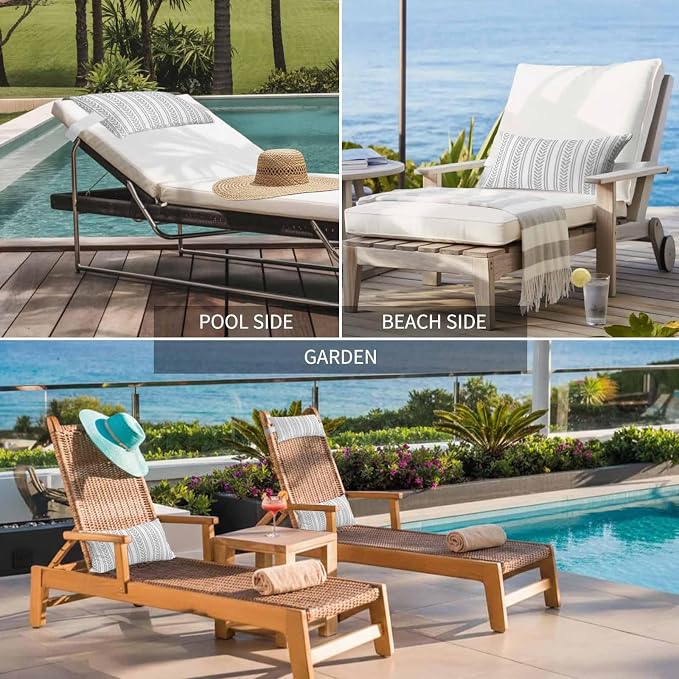 2PCS Outdoor Pillow for Chaise Lounge Chair Modern Rustic Boho Leaves Stripe Waterproof Headrest Cushion with Insert Botanical Gray Leaf Lines Lumbar Pillow for Beach Patio Poolside Office,11x16in