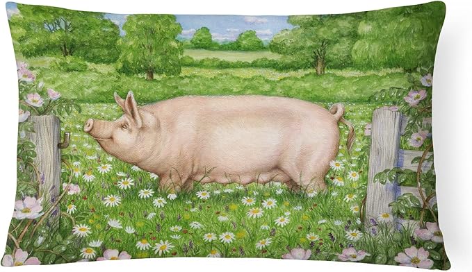 Caroline's Treasures CDCO0374PW1216 Pig in Dasies by Debbie Cook Canvas Fabric Decorative Pillow Machine Washable, Indoor Outdoor Decorative Pillow for Couch, Bed or Patio, 12HX16W