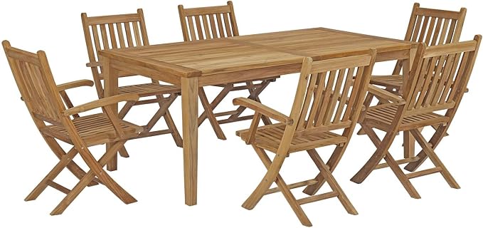 Modway EEI-3206-NAT-SET Marina Premium Grade A Teak Wood 7-Piece Outdoor Patio Dining Furniture Set, Six Folding Armchair/One Table, Natural