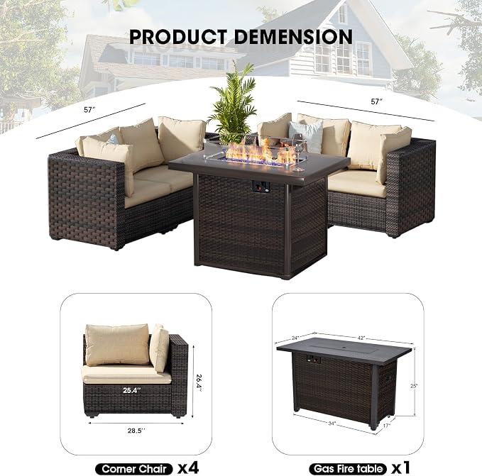 Patio Furniture Set with Fire Pit Table 5 Piece All Weather PE Rattan Outdoor Sectional Sofa Couch with 4 x arm Sofa, No-Slip Cushions for Garden, Poolside, Backyard (Beige)