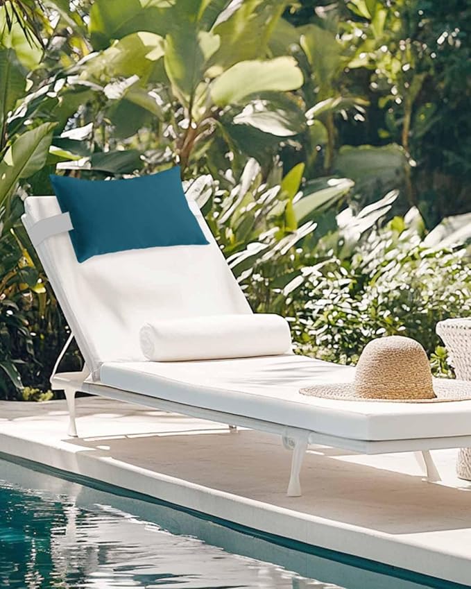 Chaise Lounge Chair Pillow with Strap & Insert Dark Teal Outdoor Recliner Head Pillow Pack of 2 Solid Green Color Waterproof Headrest Patio Lumbar Pillow for Beach Pool Office Chair 12x20 Inch