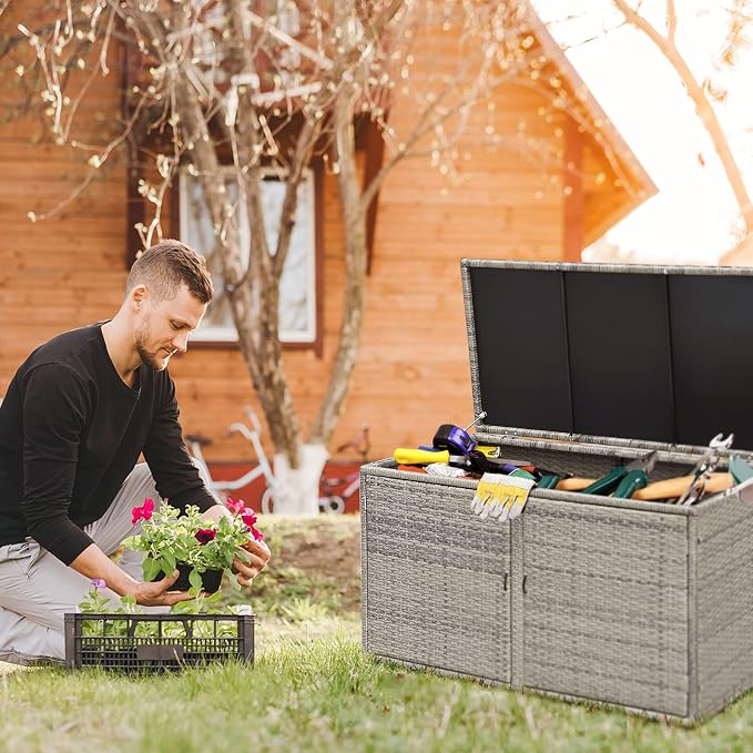Giantex Rattan Deck Box Outdoor&Indoor 88 Gallon Wicker Storage Box W/Separate Storage Shelf, Openable Door and Tools Storage for Patio,Garden, Balcony, Porch, Yard Rattan Storage Box (Gray)