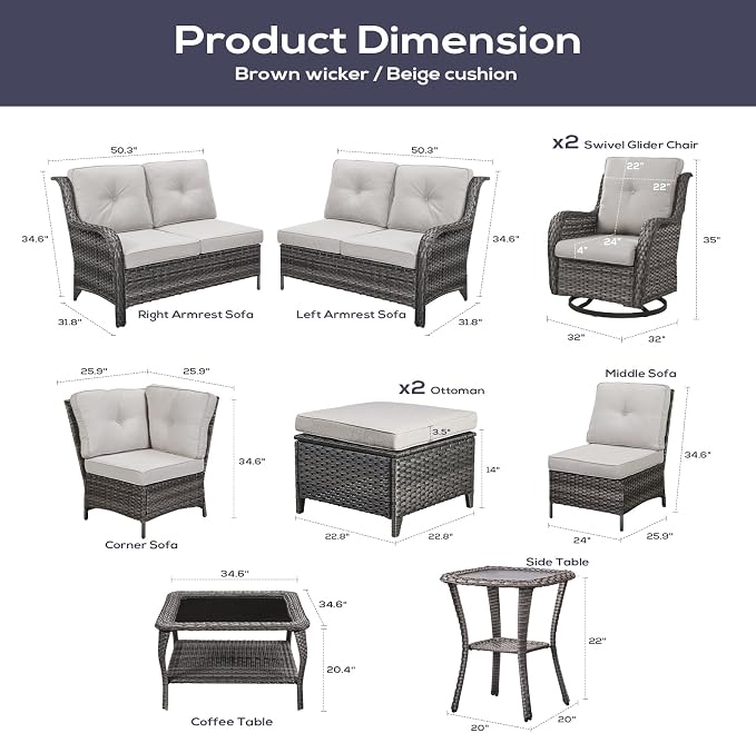 Belord 8 Piece Wicker Patio Furniture Set, Outdoor Swivel Rocker Chairs Set of 2 with Ottomans and Sectional Couch, All Weather Patio Conversation Furniture Set, for Pool,Yard Gray Wicker/Beige