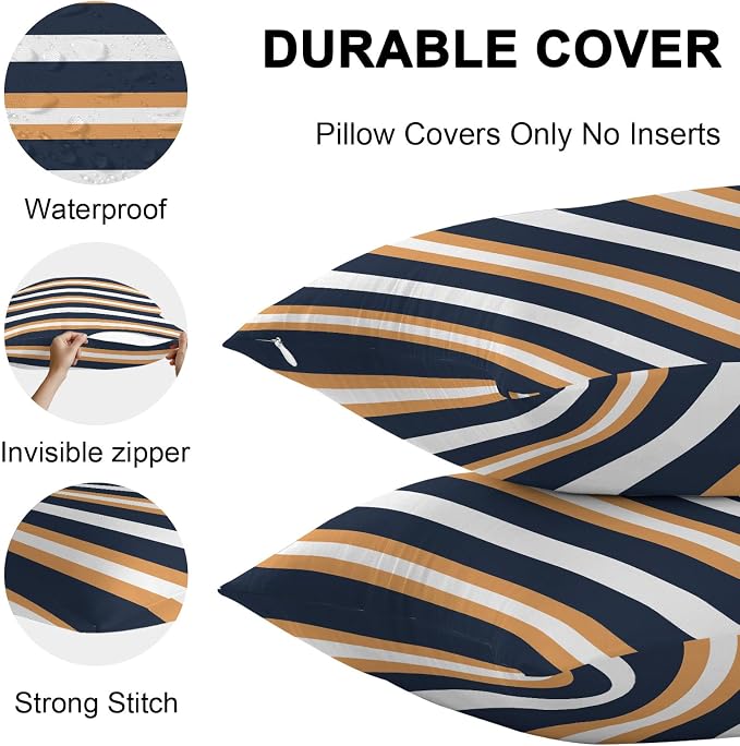 Orange Navy Blue Striped Outdoor Pillow Covers Waterproof, All Weather Cushion Case Set of 2, Minimalist Farmhouse Lines Decorative Pillowcases for Sofa Couch Bed Decor Patio Furniture 16"x16"