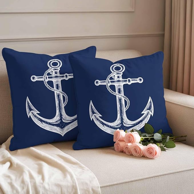 Nautical Outdoor Waterproof Throw Pillow Covers Set of 2, 18"x18", Anchor Rope Coastal Navy Blue Minimalist Decorative Pillow Covers Outside Cushion Case for Patio Porch Garden