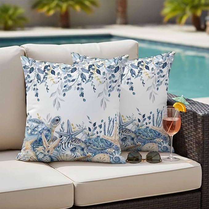 Pack of 2 Blue Turtle Coastal Outdoor Pillow Covers Decorative, Beach Coral Starfish Waterproof Pillow Protector, Nautical Sea Eucalyptus Throw Pillowcases Cushion Cases for Patio Couch Sofa 20"x20"