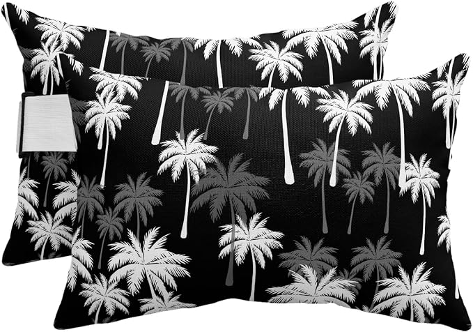 Tropical Palm Tree Outdoor Pillows for Chaise Lounge Chair Beach Headrest Pillow Set of 2 Waterproof Lumbar Pillows with Insert&Strap Black White Plants Coastal Leaf Beach Pool Pillow 11"x16"
