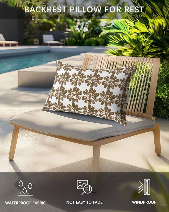 Pack of 2 Outdoor Lumbar Cushions with Inserts, Retro Ethnic Flower Watercolor Pattern Waterproof Fluffy Fade Body Pillows, Patio Furniture Pillow for Home Balcony Garden Decor 11x16IN