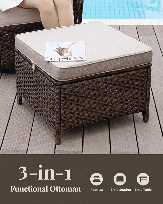 Patio Furniture Set with Luxury 6" Cushions, 5 Pieces Swivel Rocking High Back Patio Chairs and Ottoman, Outdoor Wicker Conversation Set for Deck, Porch, Backyard, Poolside, Beige