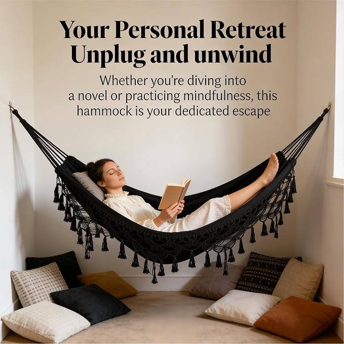 Goutime Double Hammock, Macrame Boho Cotton Hammock with Hanging Ropes, Portable for Camping Patio Backyard Indoor Outdoor,485LBS Capacity (Black)