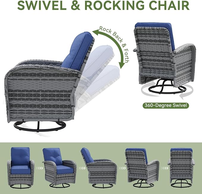 LazySunsets 9 PCS Patio Furniture Set, Outdoor Sectional All-Weather Wicker Conversation Set with Swivel Rocker Chairs, 4'' Thick Cushions for Backyard Poolside(Navy/Grey)