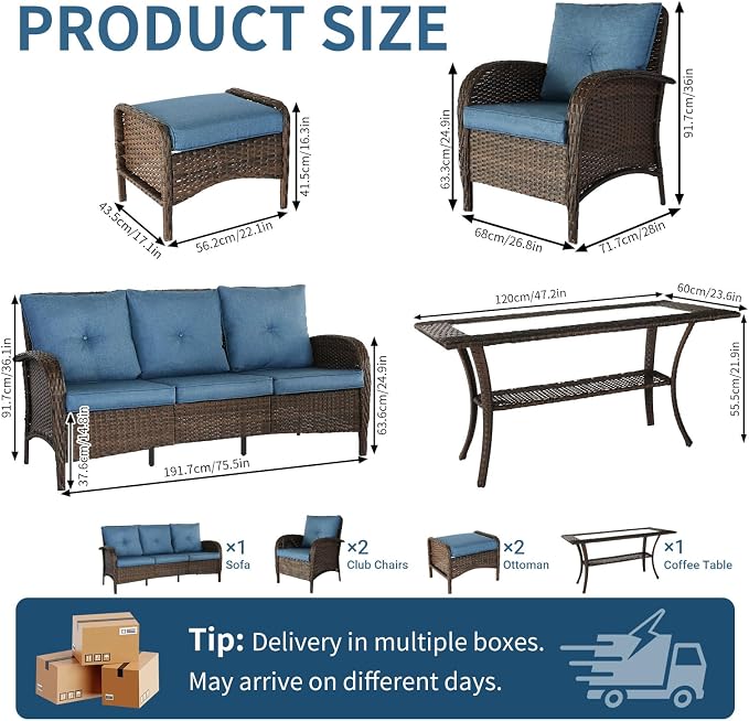 SHGJ&SOFT All Weather Patio Furniture Set, High Back Swivel Rocker Glider Chairs，Ottomans & Glass Tables, Outdoor Conversation Set for Deck Porch Yard Poolside (Blue, 7PCS-Sofa&Chairs&Ottomans&Table)