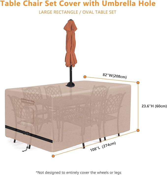 Kovshuiwe Rectangle Patio Table Cover with Umbrella Hole Heavy Duty Waterproof 600D Oxford Fabric Outdoor Lawn Patio Furniture Covers (Square-108 Lx 82" W x 23.6" H), Khaki