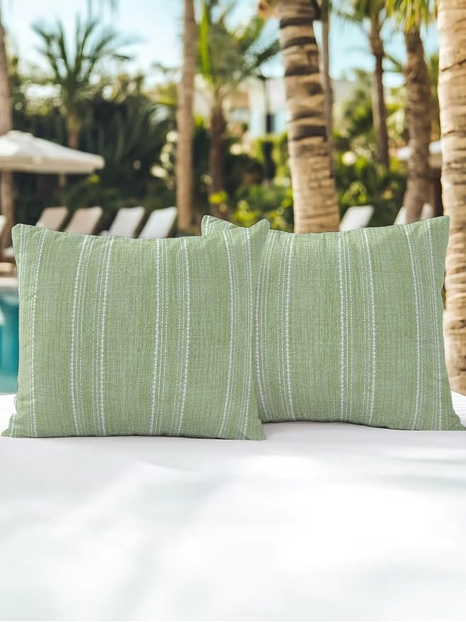 Waterproof Outdoor Pillow Set of 2 Olive Green Linen Stripes Decorative Throw Pillows Cover & Insert 18x18 Inch Pillowcase Parallel Vertical Lines Pillows for Couch Sofa Bed Patio Furniture