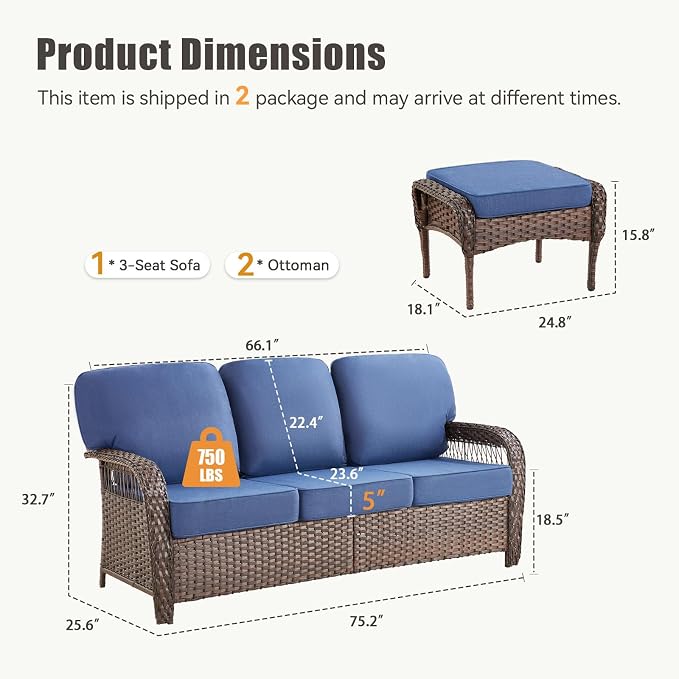 3 Pieces Patio Sofa Furniture Set, Wicker Sofa Outdoor Furniture High Back Rattan 3 Seater Couch with Ottomans, Outdoor Patio Conversation Set for Deck Porch Garden Backyard, Blue