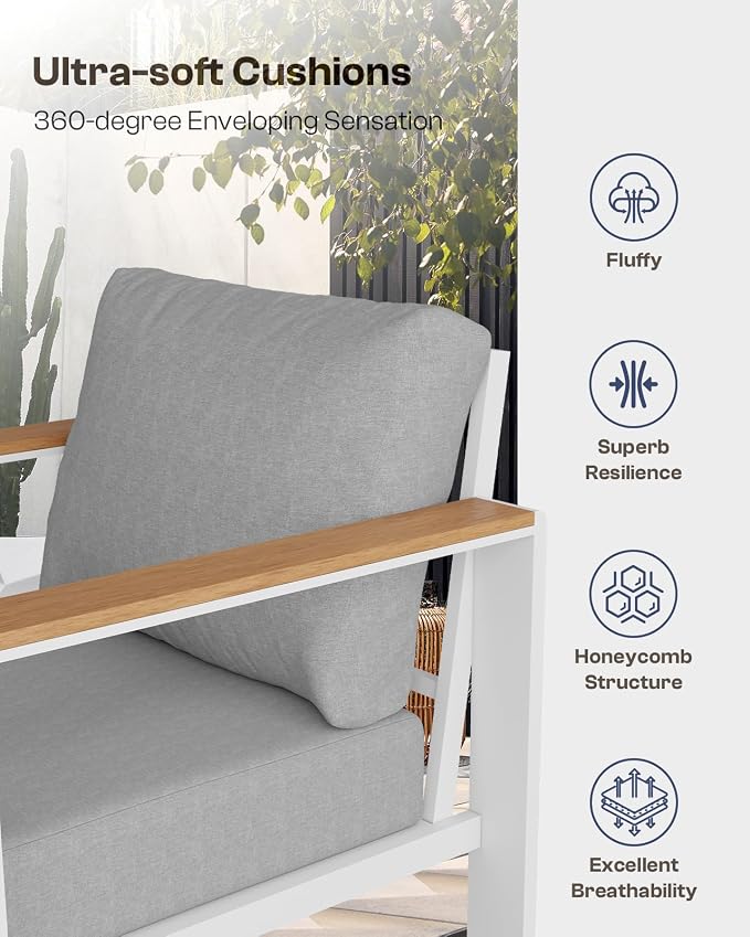 Aluminum Outdoor Patio Furniture Set with Coffee Table, 4 Piece Patio Conversation Sets with Washable Thick Cushions, Patio Sectional Furniture Set for Porch, Balcony, Deck, Yard, White
