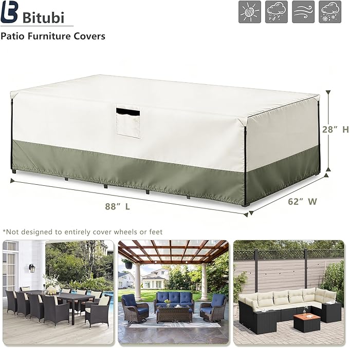 Bitubi Rectangular Patio Table Cover - Heavy Duty 600D Tough Canvas Waterproof Outdoor Dining Table and Chairs Universal Furniture Cover Size 88L x 62W x 28H inch, Beige
