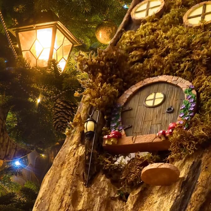 Fairy Door for Wall and Trees Outdoor with Light, Glow in The Dark, Gnome Desk Art Sculpture Decoration for Classroom, Kids Room, Miniature Fairy Garden Outside Decor Accessories