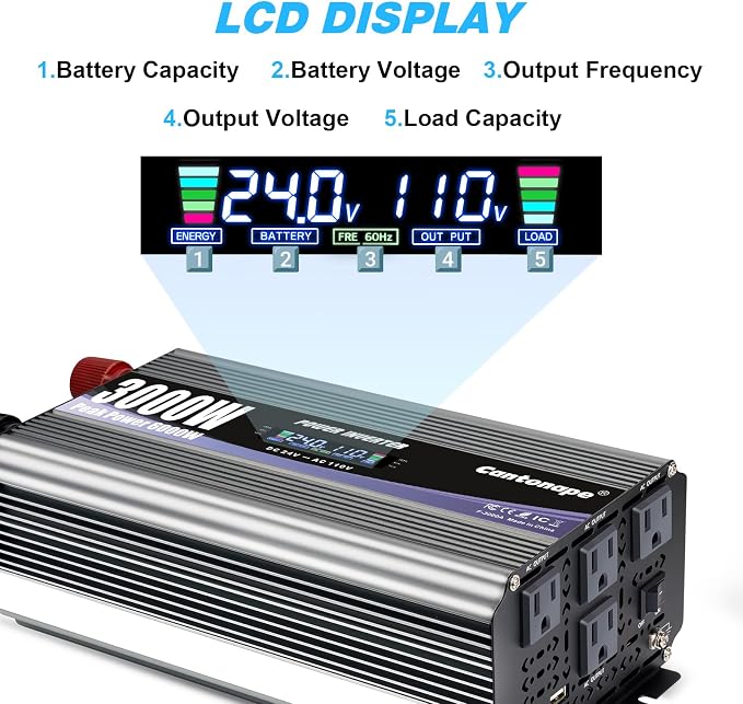 Cantonape 3000W Power Inverter 24V to 110V/120V DC to AC with LCD Display, Remote Controller and 4 x AC Outlets Car Adapter for Car Truck Boat RV Off Grid Solar System