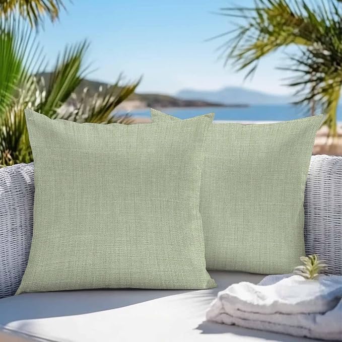 Pack of 2 Waterproof Outdoor Pillow Covers 16x16 Inch Decorative Pillow Covers Sage Green Burlap Texture Throw Pillowcases Farmhouse Vintage Sage Green Outdoor Cushion Cover for Couch, Patio, Tent