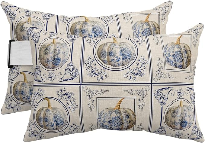 Outdoor Pillows Covers with Inserts Thanksgiving Blue and White Porcelain Pumpkin Beige Waterproof Pillow with Adjustable Strap Throw Pillows for Patio Furniture Recliner Lounge Chair, 12" x 20", 2PCS