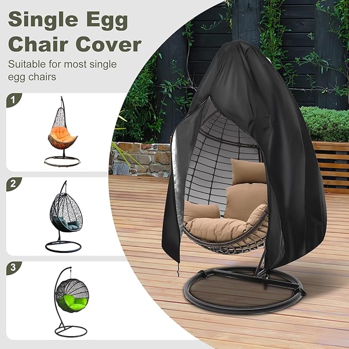 Patio Egg Chair Cover with Zipper,Outdoor Hanging Egg Chair Cover,UV Resistant,Windproof Heavy Duty,Wicker Egg Swing Chair Covers,Fits Single Seat Egg Chair,75"" x 45"",Black