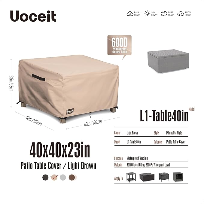 Square Patio Table Covers,40Wx40Dx23H Inches 100% Waterproof 600D Heavy Duty Outdoor Rectangular Side Table Cover,Light Brown Minimalist Style Outdoor Furniture Cover ﻿