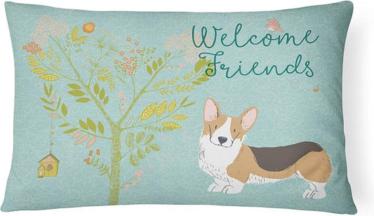 Caroline's Treasures BB7609PW1216 Welcome Friends Pembroke Welsh Corgi Tricolor Canvas Fabric Decorative Pillow Machine Washable, Indoor Outdoor Decorative Pillow for Couch, Bed or Patio, 12HX16W