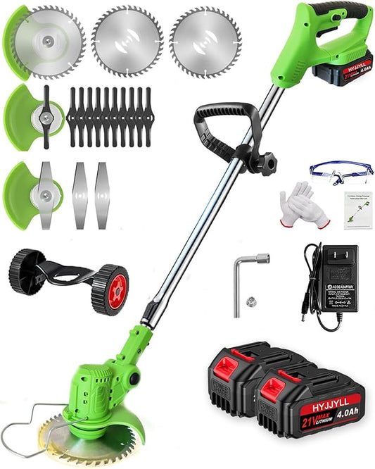 Weed Wacker, 21V Electric Cordless Weed Eater 2×4.0Ah Battery-Powered with 3 Types of Blades, Adjustable Cutting Angle & Height, 3-in-1 Stringless Grass Trimmer, Brush Cutter for Lawn Yard Garden