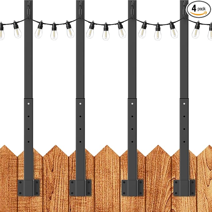 LETIANPAI 2.8Ft String Light Poles 4 Pack,Light Poles for Outside Lights,Outdoor with Fence Brackets Hanging Lights,Metal Stand Deck Patio Backyard