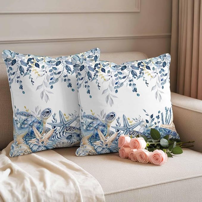 Pack of 2 Blue Turtle Coastal Outdoor Pillow Covers Decorative, Beach Coral Starfish Waterproof Pillow Protector, Nautical Sea Eucalyptus Throw Pillowcases Cushion Cases for Patio Couch Sofa 24"x24"