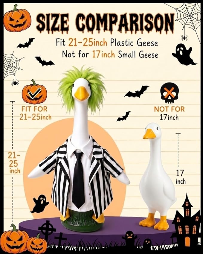 Halloween Porch Goose Outfits, Spooky Striped Suit Fits 23" Lawn Statue | Funny goose clothes costume with green wig. Spooky fall yard decor accessories, thoughtful gift for mom & grandma.