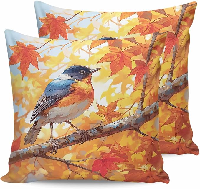Outdoor Waterproof Throw Pillow Covers 24x24in, Autumn Maple Leaves Cushions for Garden Patio Furniture Chairs Set of 2, Thanksgiving Cute Bird Home Decor Couch Sofa Polyester Pillow Cases