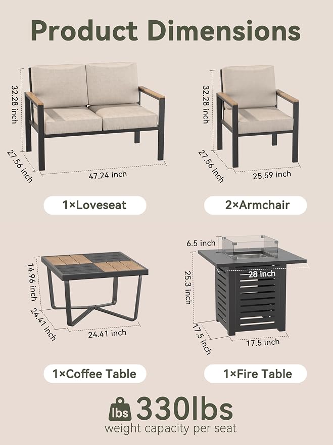 5-Piece Patio Furniture Set with Fire Pit Table & Coffee Table & Removable Washable Cushions, All-Weather Metal Frame and Wood-Like Armrests for Porch, Garden, Balcony,Beige