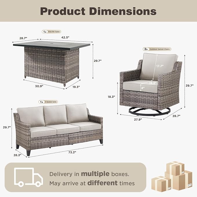 Belord Patio Furniture Set with Swivel Chair and 42.5" Fire Pit Table Sofa, Outdoor Furniture Set for Deck Porch Garden, 4 Piece Conversation Set,Beige