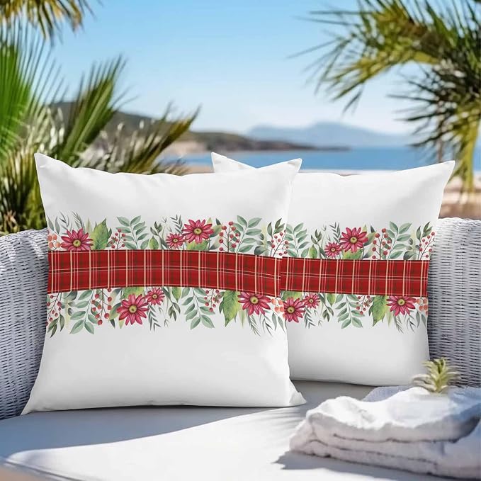 Christmas Outdoor Pillow Covers Waterproof, All Weather Cushion Case Set of 2, Red Plaid Poinsettia Berry Xmas Botanical Decorative Pillowcases for Sofa Couch Bed Decor Patio Furniture 24"x24"