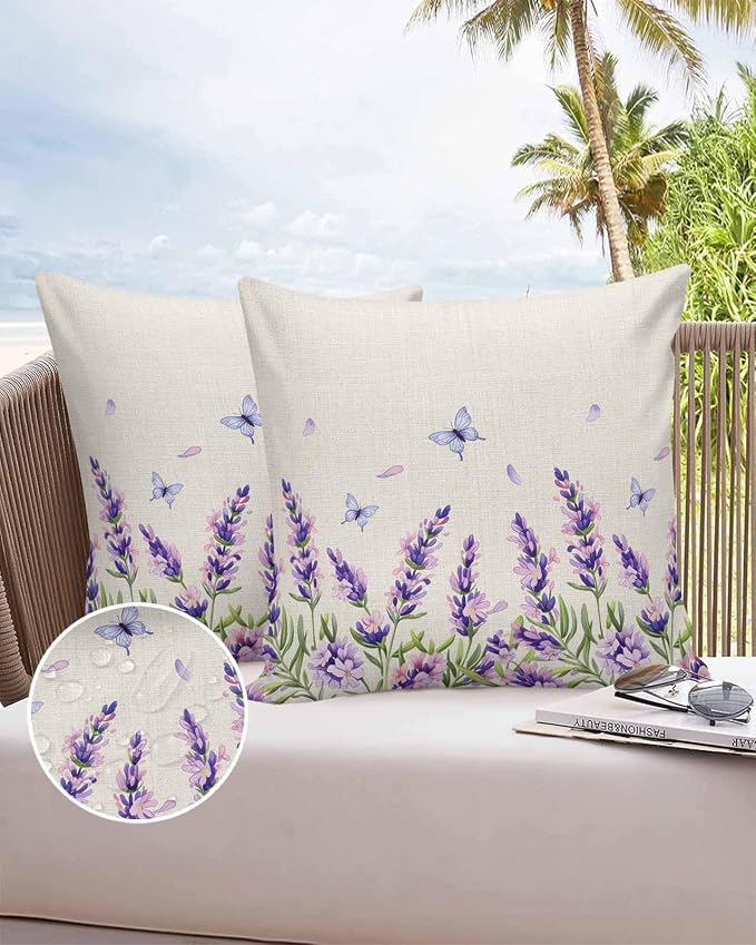 Vandarllin Outdoor Throw Pillows Covers 16x16 inch Set of 2 Waterproof Purple Lavender Flower Decorative Zippered Cushion Covers for Patio Furniture, Butterfly Floral Linen Lumbar Pillowcases